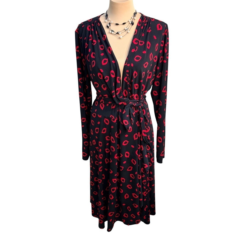 Vicky Tiel Black Red Wrap Midi Dress Long‎ Sleeve V Neck Tie Waist Size Large